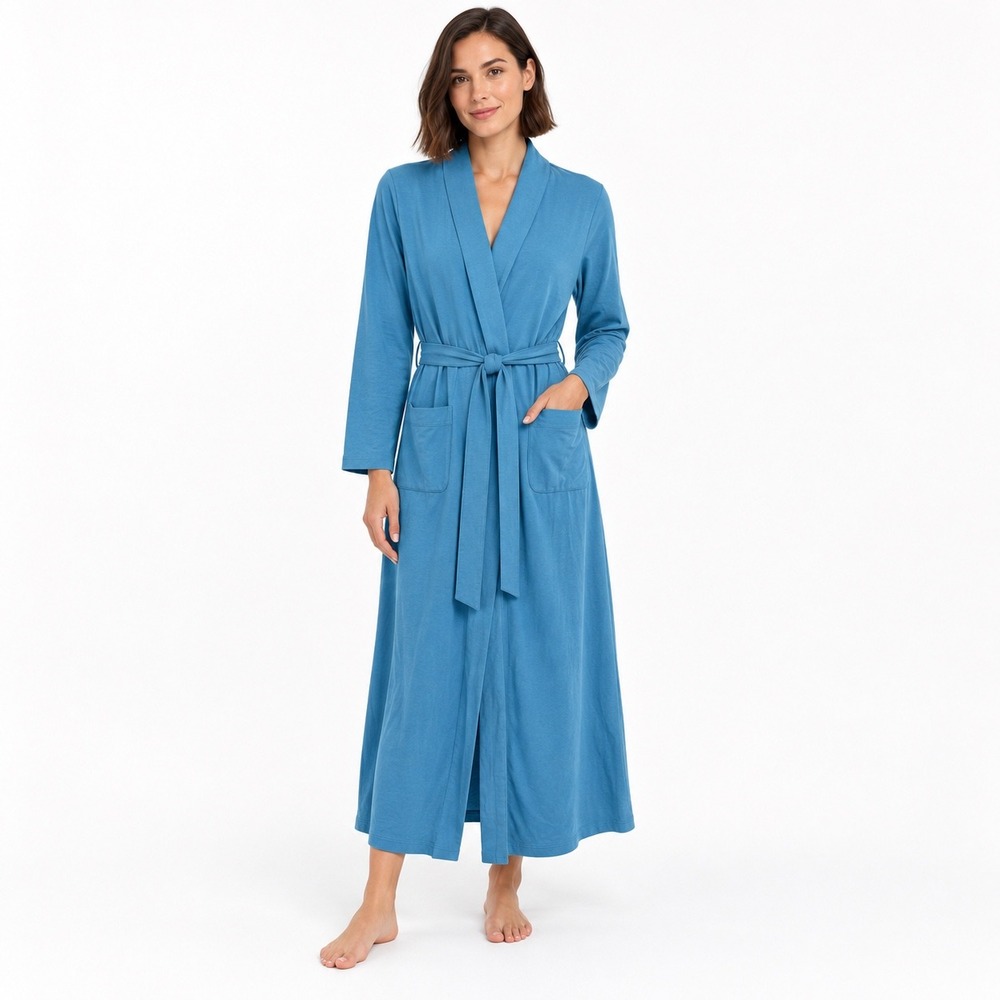 J.Jill Sleep Ultrasoft Patch Pocket Robe XS Petite Blue Cotton Tencel Belted